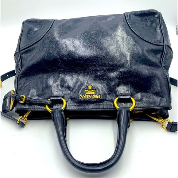Prada Navy Blue Vitello Shine Medium 2way Shopping Tote Bag Preloved Purse - Picture 3 of 16